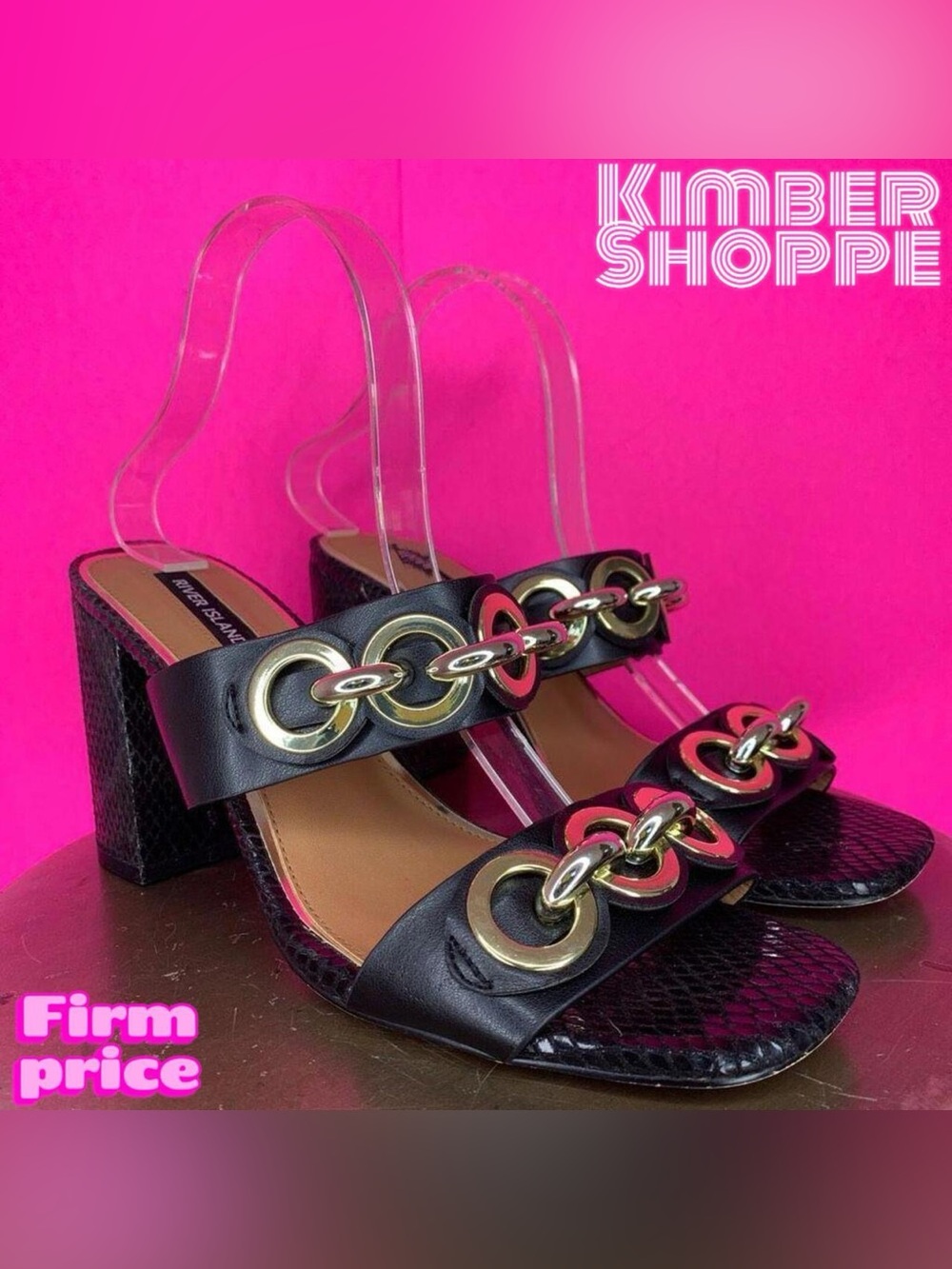 River Island Gold Chain Open Toe Block Heel Black Mule Sandals US 10 UK 8